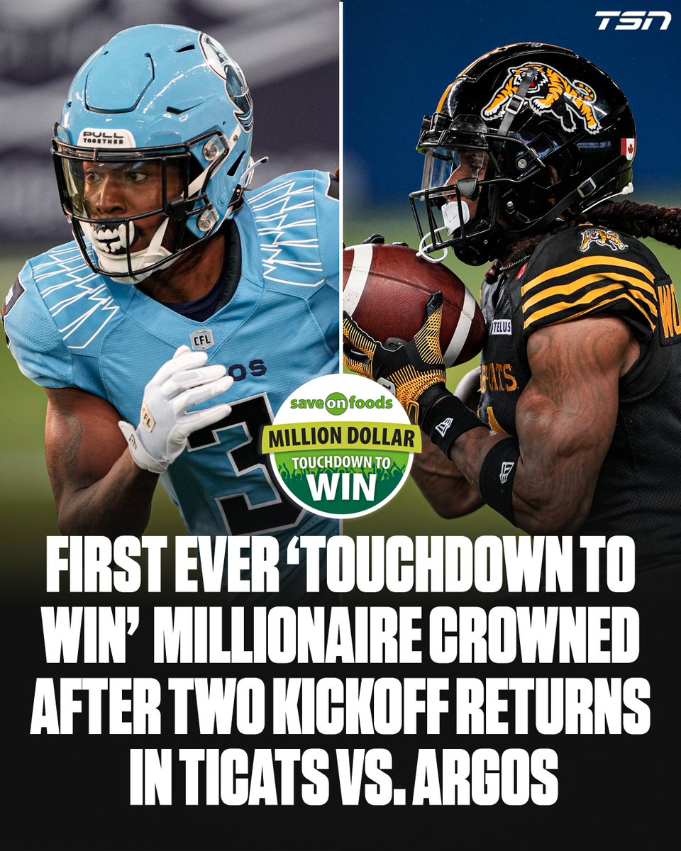 A NEW MILLIONAIRE 🤑

Roy Lyster of New Westminster, B.C. became the first person to hit the $1,000,000 Save-on-Foods Million Dollar Touchdown to Win jackpot after two kickoffs were taken back for touchdowns during the Ticats vs. Argos game!