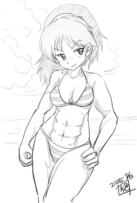#週末ガルパンお絵描き120分一本勝負 #週末ガルパンお絵描き120分一本勝負20250705 お題「ムラカミ」 マッシブボディの美人さん 脱いだら…もっと凄いンですよ… そんな訳で #ビキニの日 と言う事で… ビキニ着てビーチで楽しむムラカミさんです! ムヒョー #ガルパン