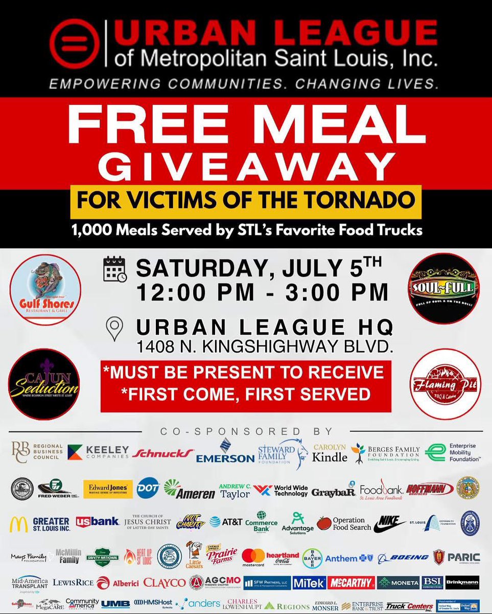 MMULSTL's tweet image. HAPPENING TODAY FROM 12-3 AT THE URBAN LEAGUE’S @ulstl HEADQUARTERS ON KINGSHIGHWAY! PLEASE SPREAD THE WORD TO ANYONE IN NEED THAT WAS DEVASTATED BY THE RECENT TORNADO DAMAGE! We are prepared to serve 1,000 meals to the community. Thank you to ALL of the amazing staff &…