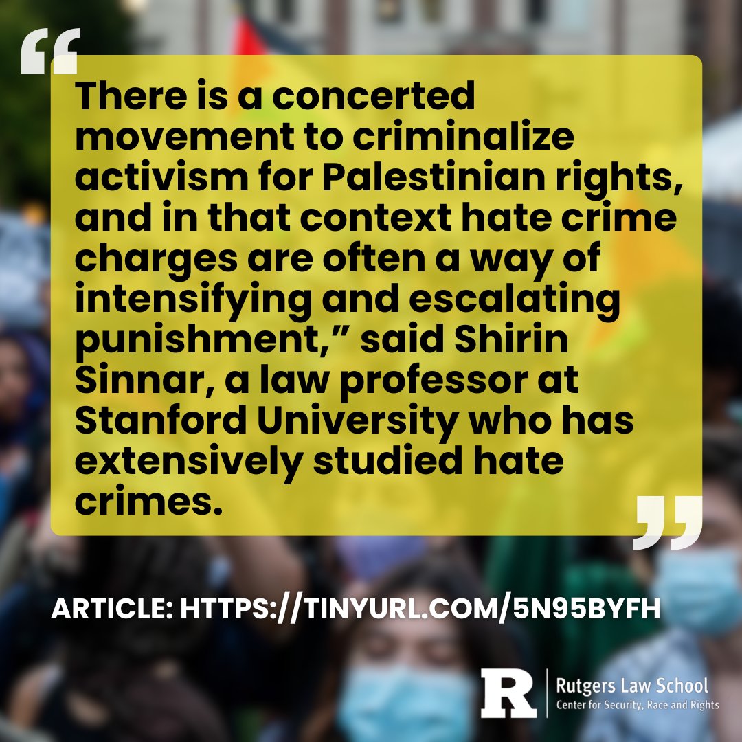 Center for Security, Race and Rights (@rucsrr) on Twitter photo Check out this recent article featuring faculty affiliate Shirin Sinnar, titled “How Support for Palestine Became a Hate Crime.”
<a href="/maricohen95/">Mari Cohen</a>
<a href="/ShirinSinnar/">Shirin Sinnar</a>
<a href="/JewishCurrents/">Jewish Currents</a>
Full Article: tinyurl.com/5n95byfh Check out this recent article featuring faculty affiliate Shirin Sinnar, titled “How Support for Palestine Became a Hate Crime.”
<a href="/maricohen95/">Mari Cohen</a>
<a href="/ShirinSinnar/">Shirin Sinnar</a>
<a href="/JewishCurrents/">Jewish Currents</a>
Full Article: tinyurl.com/5n95byfh