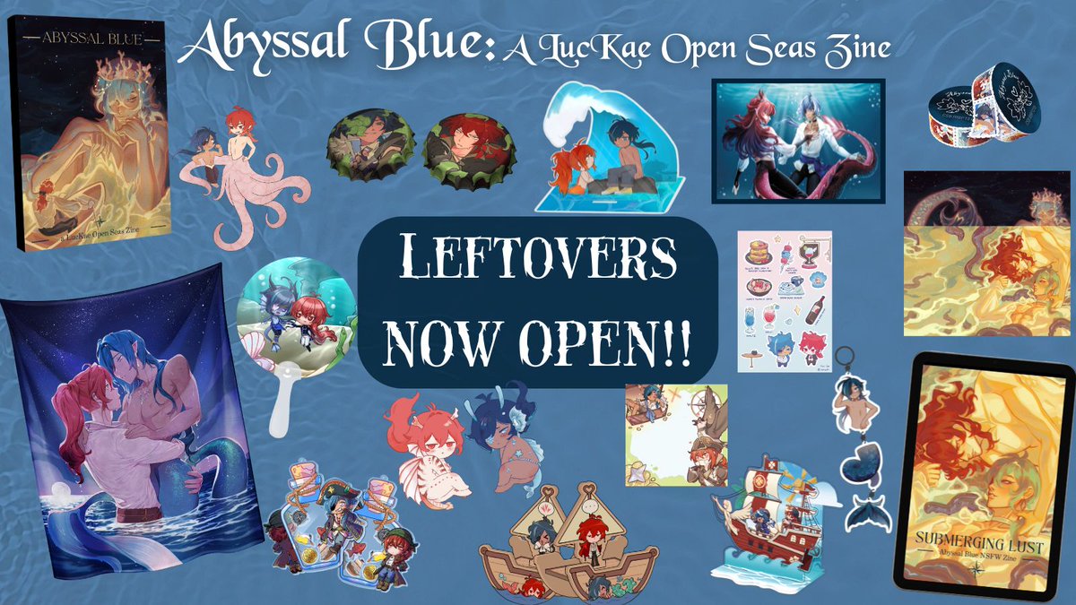 luckaezine's tweet photo. 🌊 Abyssal Blue Leftovers Now Open!!🌊 

Our leftover sales are now open! Act fast; we don't have much stock left!

Merch a la carte, Limited Edition Bundles, and more await!

https://t.co/vXQpS0iruN https://t.co/ZKSQH41xut