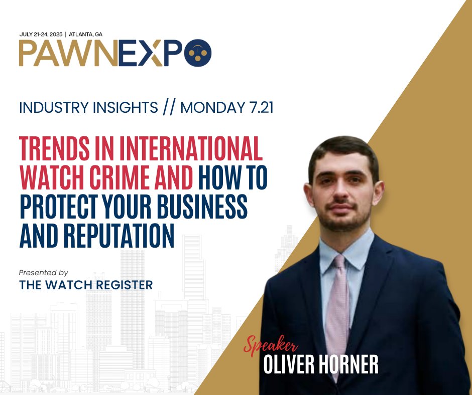 theNPAtweets's tweet image. International watch crime is on the rise. 

Learn how to safeguard your inventory, reputation, and operations with insights from Oliver Horner and The Watch Register.

#watchcrime #jewelrysecurity #pawnexpo #luxurygoods #assetprotection