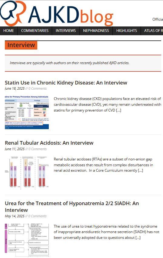 AJKD (@ajkdonline) on Twitter photo On the #AJKDBlog, catch up on these interviews with:
-Oshozimhede E. Iyalomhe on statin use in CKD
-<a href="/NephRodby/">Roger Rodby</a> and <a href="/TWhittier_RUSH/">Bill Whittier</a> talk about renal tubular acidoses
-<a href="/DeewanSubhash/">Subhash Chander, MD.,MPH</a> on urea as a tool for managing SIADH-induced hyponatremia
bit.ly/3ztk4VV (FREE) On the #AJKDBlog, catch up on these interviews with:
-Oshozimhede E. Iyalomhe on statin use in CKD
-<a href="/NephRodby/">Roger Rodby</a> and <a href="/TWhittier_RUSH/">Bill Whittier</a> talk about renal tubular acidoses
-<a href="/DeewanSubhash/">Subhash Chander, MD.,MPH</a> on urea as a tool for managing SIADH-induced hyponatremia
bit.ly/3ztk4VV (FREE)