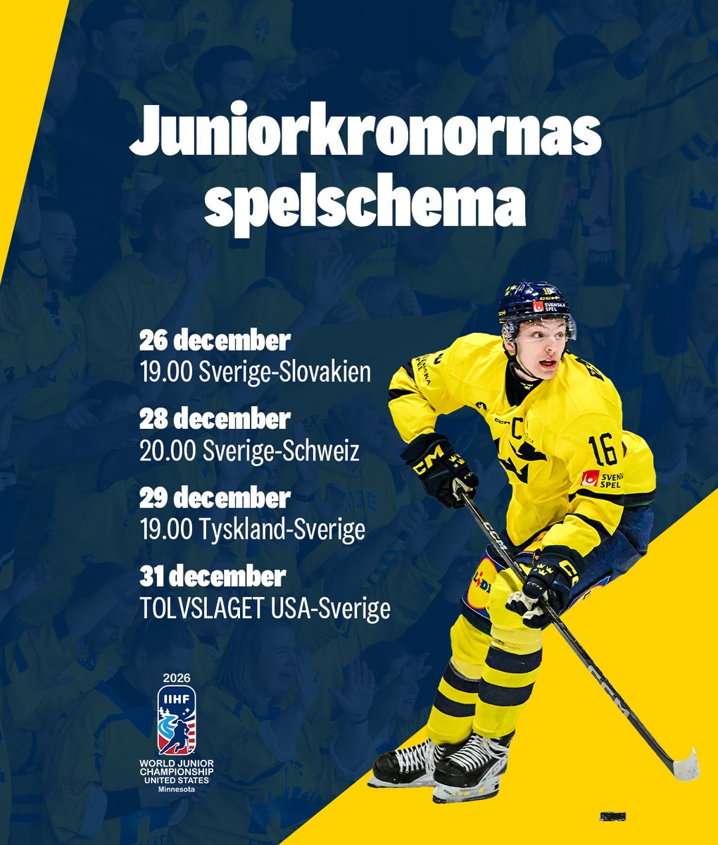 📣 Spelschemat för Juniorkronornas JVM är släppt 🏒🇸🇪🇺🇸🇸🇰🇩🇪🇨🇭
Ja, vi vet, det är långt kvar, men vi längtar redan 🤩