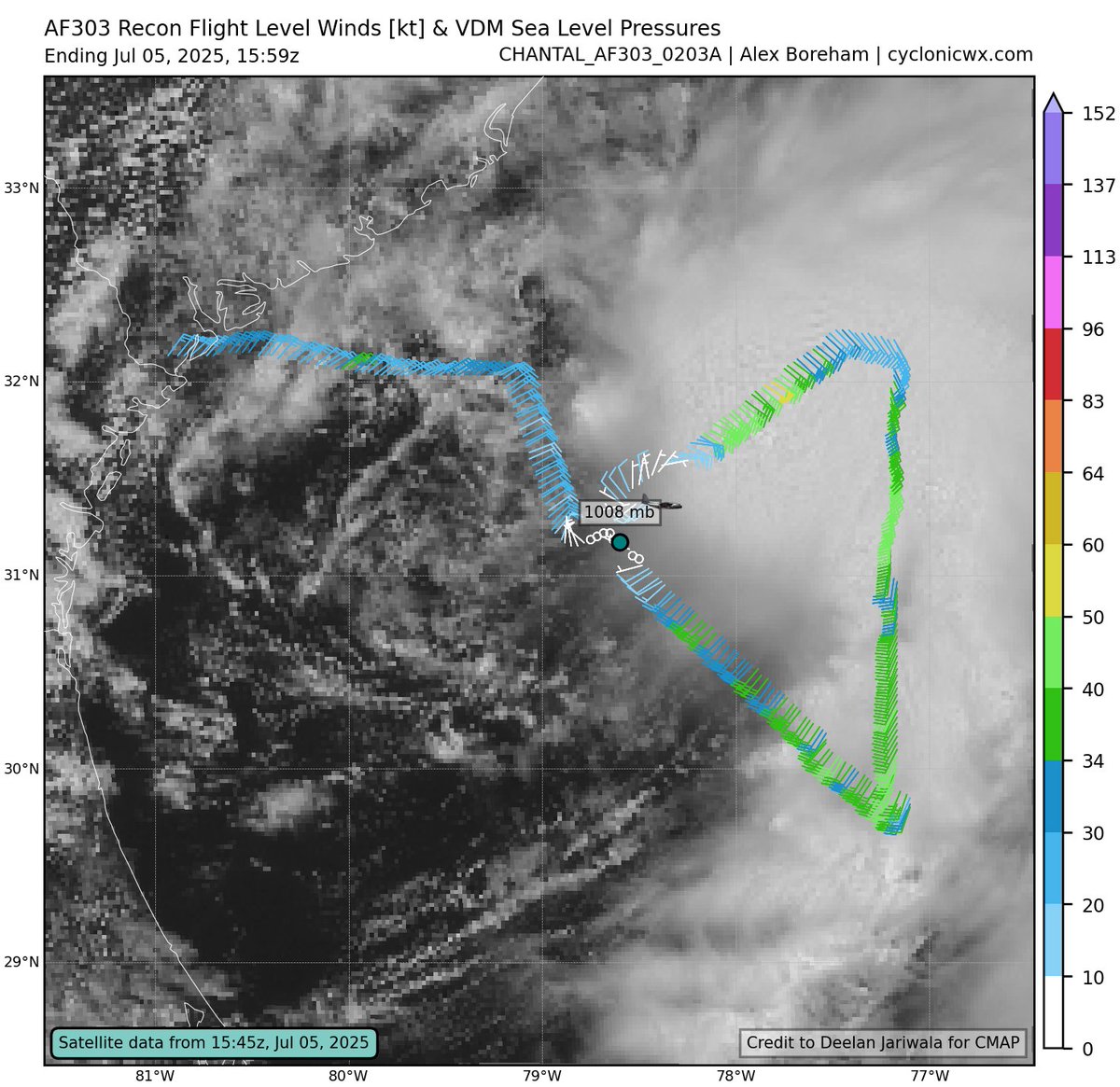 cyclonicwx's tweet image. With displaced convection and shear, #Chantal appears to be undergoing a center reformation. There is a circulation center to the NE of the original center fix, with lower pressure and a temperature spike suggesting a stronger warm core. The east weighted nature is also apparent