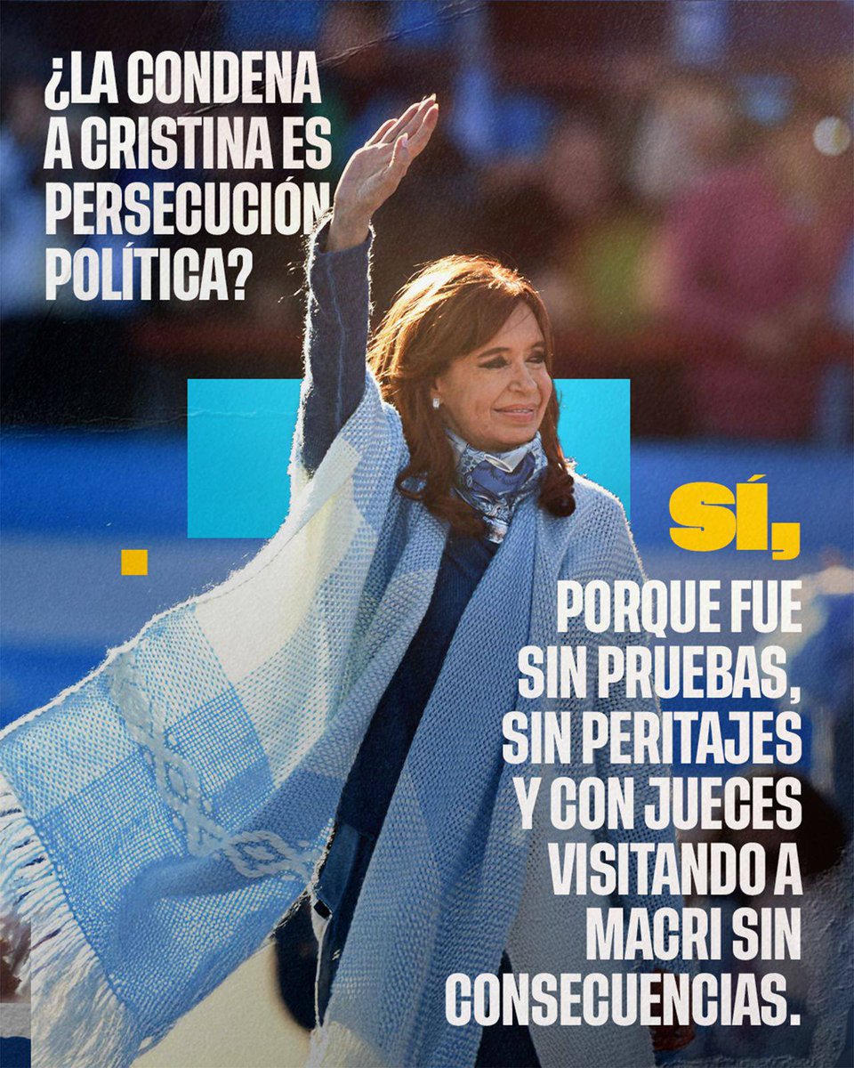 La condena a <a href="/CFKArgentina/">Cristina Kirchner</a> es persecución politica.

Fue un proceso judicial irregular, sin pruebas, sin peritajes y con jueces visitando a Macri que tuvo un único y claro objetivo político: la proscripción.  

Queremos a #CristinaLibre 
#ArgentinaConCristina