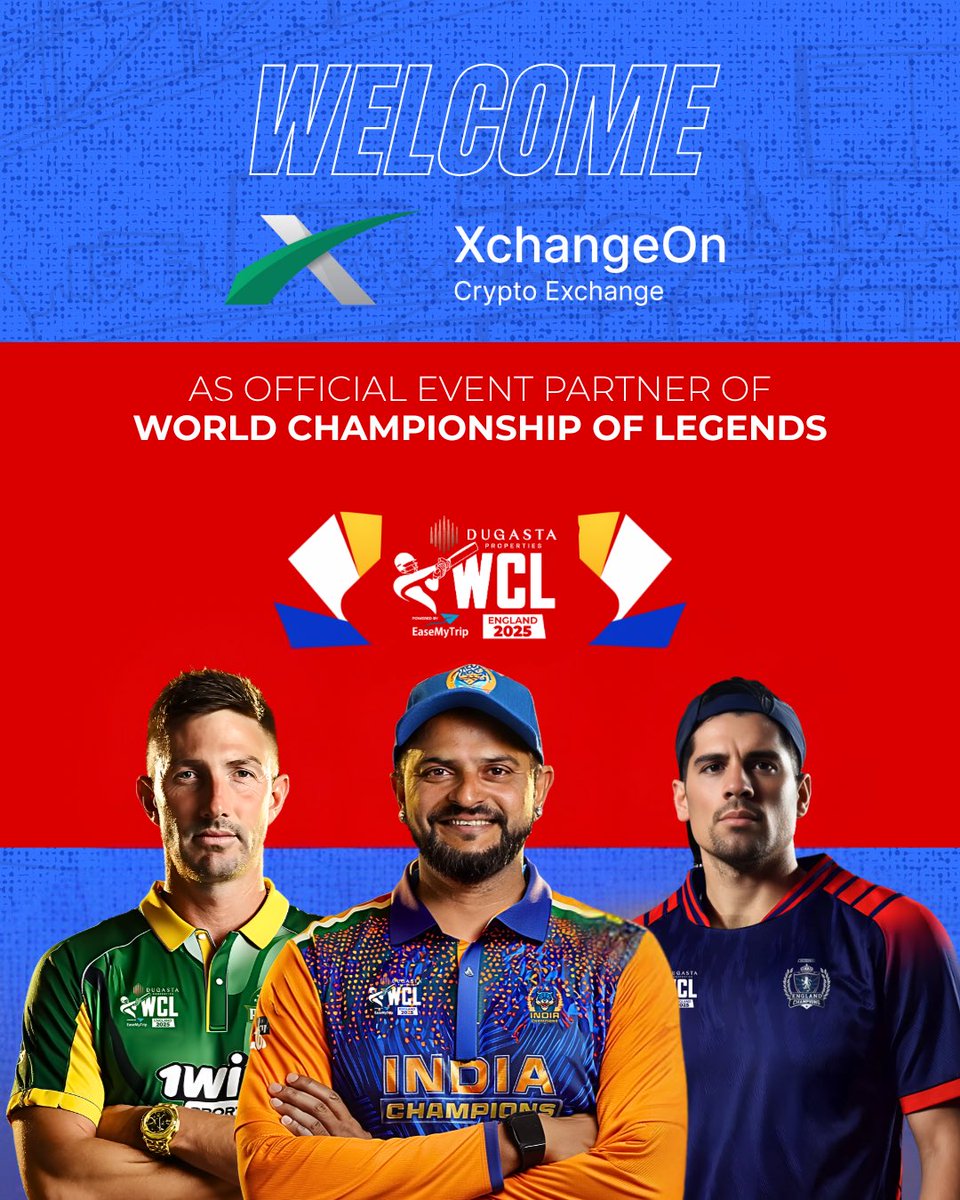 WclLeague's tweet image. Welcome, XchangeOn!

We’re happy to have XchangeOn - Crypto Exchange on board as the Official Event Partner for the World Championship of Legends 2025 🏏

Let’s make this season legendary together!