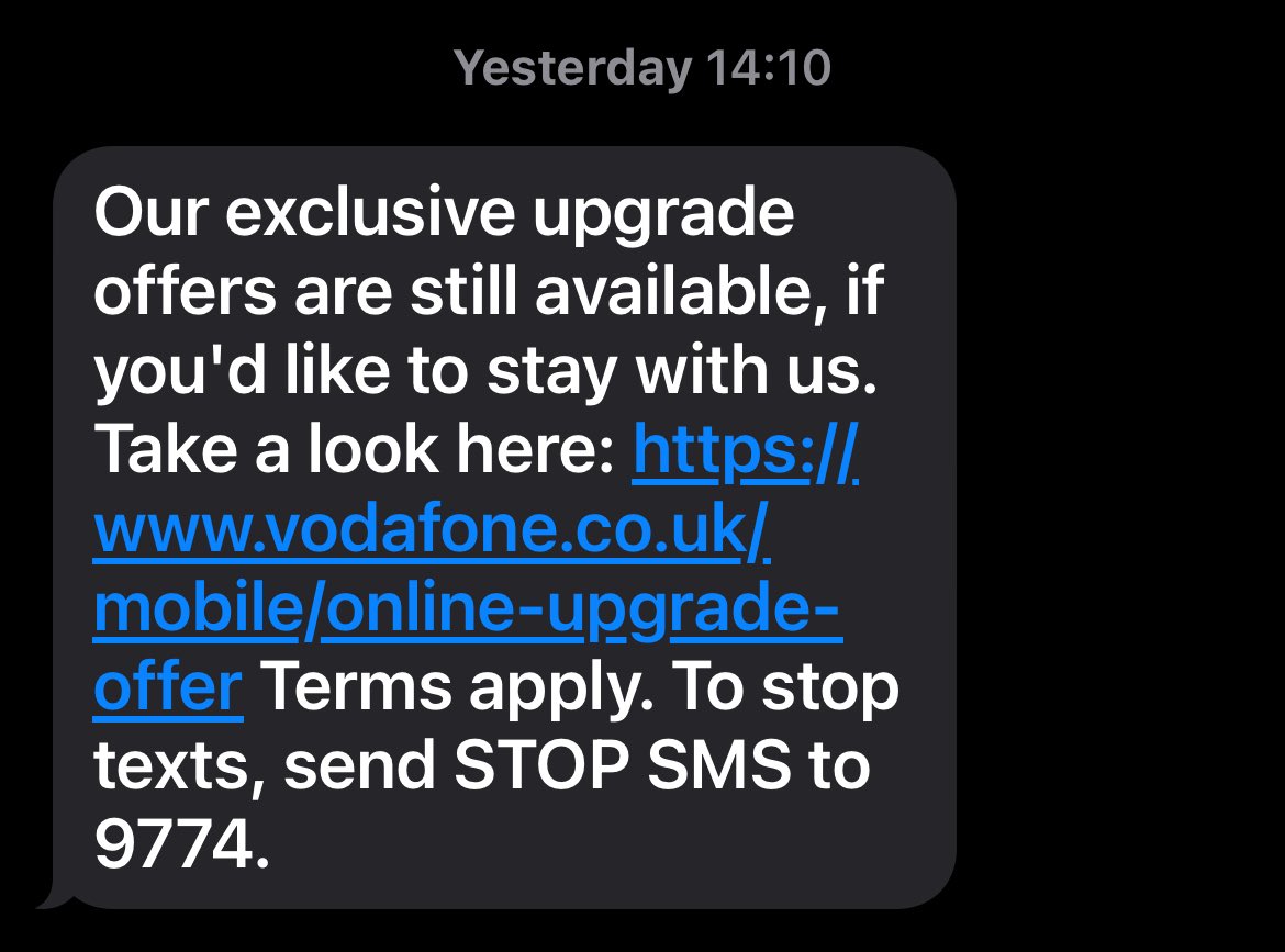 Why is it <a href="/VodafoneUK/">Vodafone UK</a> as loyal customers of 25 years, you raise our bill by nearly 300%, then when we spend 40 minutes on the phone to you, with no offer, no solution,
We leave,
And you send this🤷‍♂️ 

Where’s the incentive?