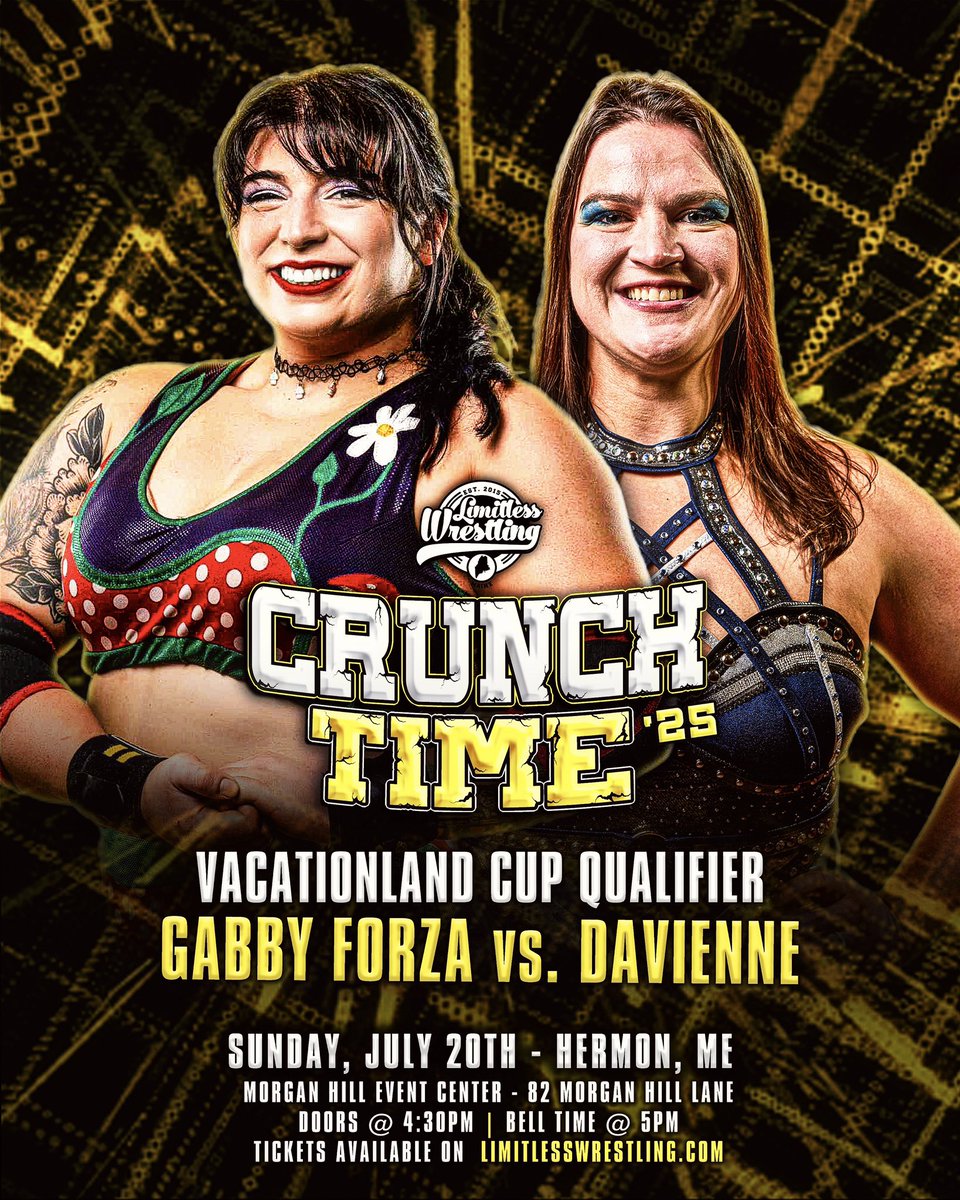 🏆 A trip to the Vacationland Cup hangs in the balance when we return to Hermon on Sunday, 7/20 as the “Anti-Hero” Davienne receives the rematch she demanded against “Your Homie The Gnomie” Gabby Forza!

➕ PLUS
• <a href="/DijakFYE/">DONOVAN DIJAK</a> vs. <a href="/ThaReal_DC/">“Da Big BOOFA” Dezmond Cole🌟🔥</a> 

🎟️ TIX: LimitlessWrestling.com/tickets