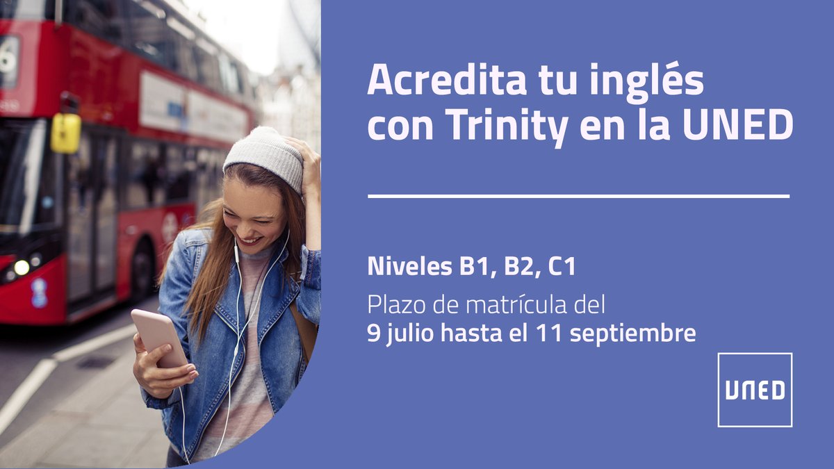 🇬🇧¡Atención! Nueva matrícula para 𝗘𝘅𝗮́𝗺𝗲𝗻𝗲𝘀 𝗧𝗿𝗶𝗻𝗶𝘁𝘆 𝗱𝗲 𝗶𝗻𝗴𝗹𝗲́𝘀 𝗕𝟭, 𝗕𝟮 𝘆 𝗖𝟭 en Centros UNED.
👉
uned.es/universidad/in…
‼️Plazas limitadas: ¡no lo dejes para el final!
#SomosUNED #UNED2030 #idiomas
<a href="/TCLSpain/">TCL Spain</a> #TrinityCollegeLondon