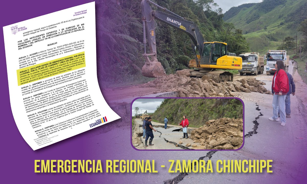 Esperanza Rogel (@esperanzacisne) on Twitter photo Gracias al trabajo articulado con la secretaria <a href="/Riesgos_Ec/">Riesgos Ecuador</a>, se ha declarado el Estado de Emergencia Regional por época lluviosa en nuestra provincia #ZamoraChinchipe.
Esta decisión permitirá movilizar recursos y personal de forma inmediata para atender a las familias afectadas, Gracias al trabajo articulado con la secretaria <a href="/Riesgos_Ec/">Riesgos Ecuador</a>, se ha declarado el Estado de Emergencia Regional por época lluviosa en nuestra provincia #ZamoraChinchipe.
Esta decisión permitirá movilizar recursos y personal de forma inmediata para atender a las familias afectadas,