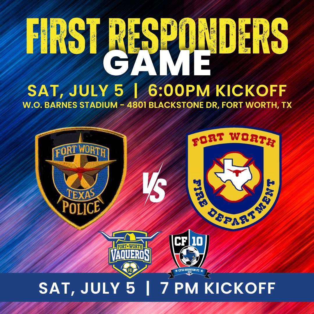 Fort Worth Vaqueros (@ftworthvaqueros) on Twitter photo It’s game day! For the last official @npslsoccer 2025 season! Come out and support the boys as we face off against @cf10houstonfc!
Come early and get to watch a friendly between the @fortworthfd and <a href="/fortworthpd/">Fort Worth Police</a>!
🎟️ tickets.npsl.com/venues/5974 It’s game day! For the last official @npslsoccer 2025 season! Come out and support the boys as we face off against @cf10houstonfc!
Come early and get to watch a friendly between the @fortworthfd and <a href="/fortworthpd/">Fort Worth Police</a>!
🎟️ tickets.npsl.com/venues/5974