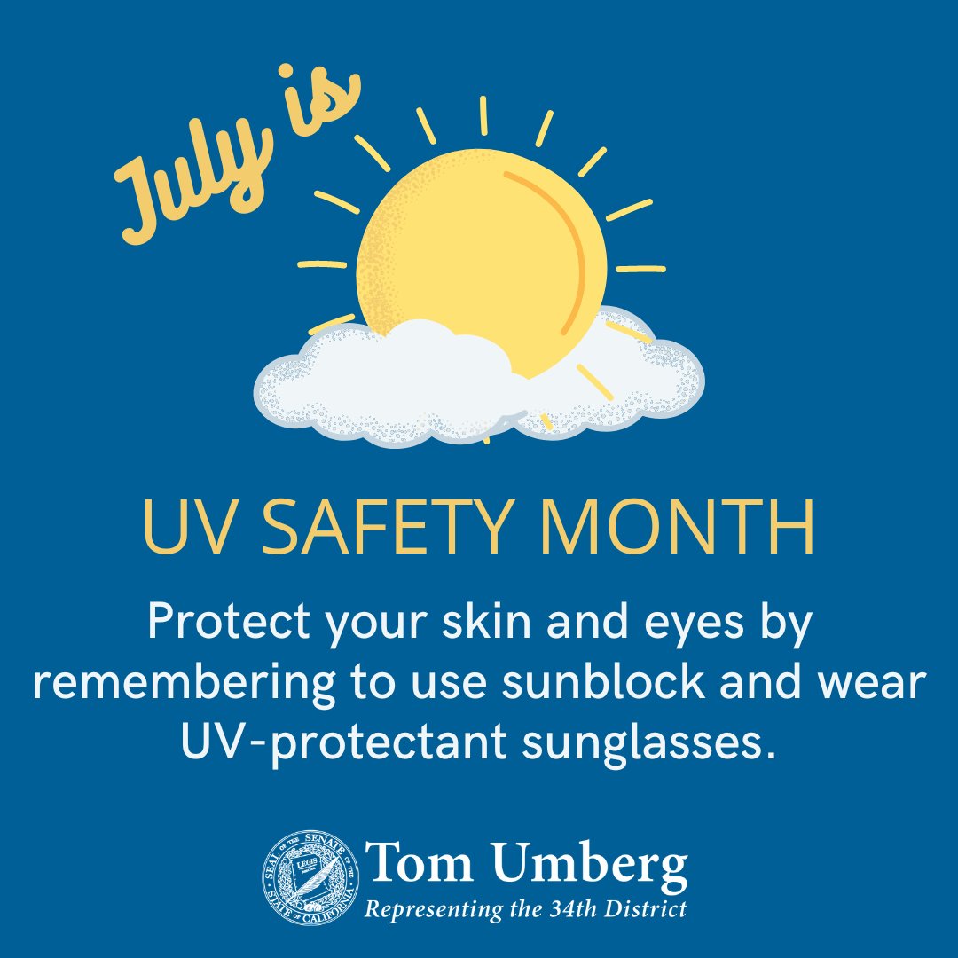 SenatorUmberg's tweet image. It may be bright and sunny outside, but don’t forget that soaking up those rays can be dangerous! ☀️
Be sure to always apply sunblock and wear protecting eye-wear when exposed to UV rays in order to reduce your risk of vision problems, skin cancer, and other medical issues. 🏥