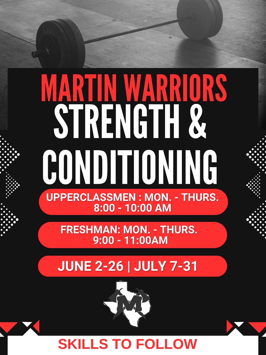 Martin_Football's tweet image. 🏋️♂️ Get Stronger This Summer with the Martin Warriors!
Join us for Strength & Conditioning sessions:
🔹 Upperclassmen: Mon–Thurs, 8:00–10:00 AM
🔹 Freshmen: Mon–Thurs, 9:00–11:00 AM
📅 Dates: June 2–26 | July 7-31
💪 Skills to Follow – Be Ready to Compete