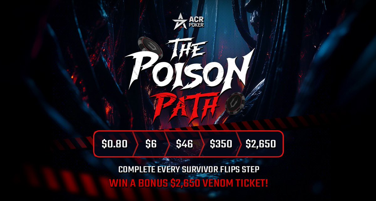 ☠️ Can you survive the Poison Path? ☠️
$0.80 ➡️ $6 ➡️ $66 ➡️ $350 ➡️ $2,650 Venom Ticket 🎯
❗Lose any step = back to $0.80
📸 Screenshot each win
🚨 Tag <a href="/ACR_POKER/">ACR Poker</a>
First 5 to finish &amp; post win a bonus $2,650 ticket! 🕹️ 

I’m playing them today!! Come join!!