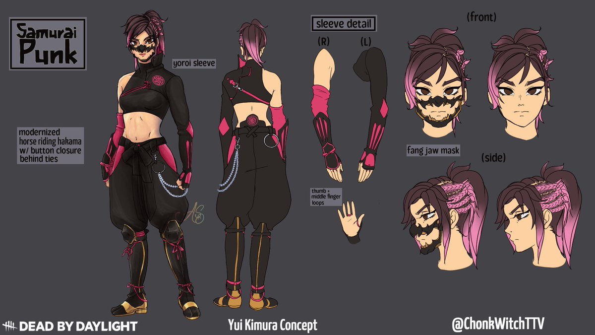 ChonkWitchTTV's tweet image. Resubmitted my Samurai Punk Yui design! 𓆩𖤐𓆪
#DesignContest | #dbd | #DeadbyDaylight | #DeadbyDaylightfanart | #humanartist