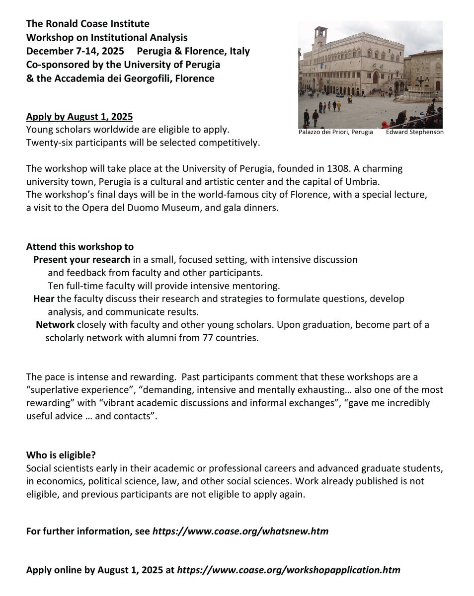 The Ronald Coase Workshop is a fantastic opportunity for young scholars interested in institutional analysis and political economy broadly defined. Applications are open until August 1, 2025: coase.org/whatsnew.htm#p… 

Please consider applying -- and help spread the word!
