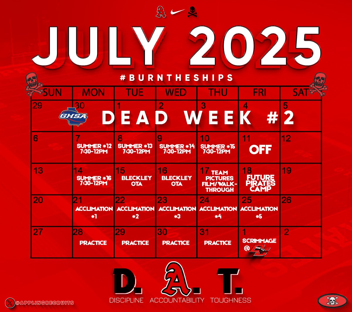 JULY 2025 Football Calendar for Pirate Football 

We hope everyone had a great dead week and 4th of July Holiday but it is time to get back to work! See you all Monday, starting at 7:30 AM #DAT #BurnTheShips