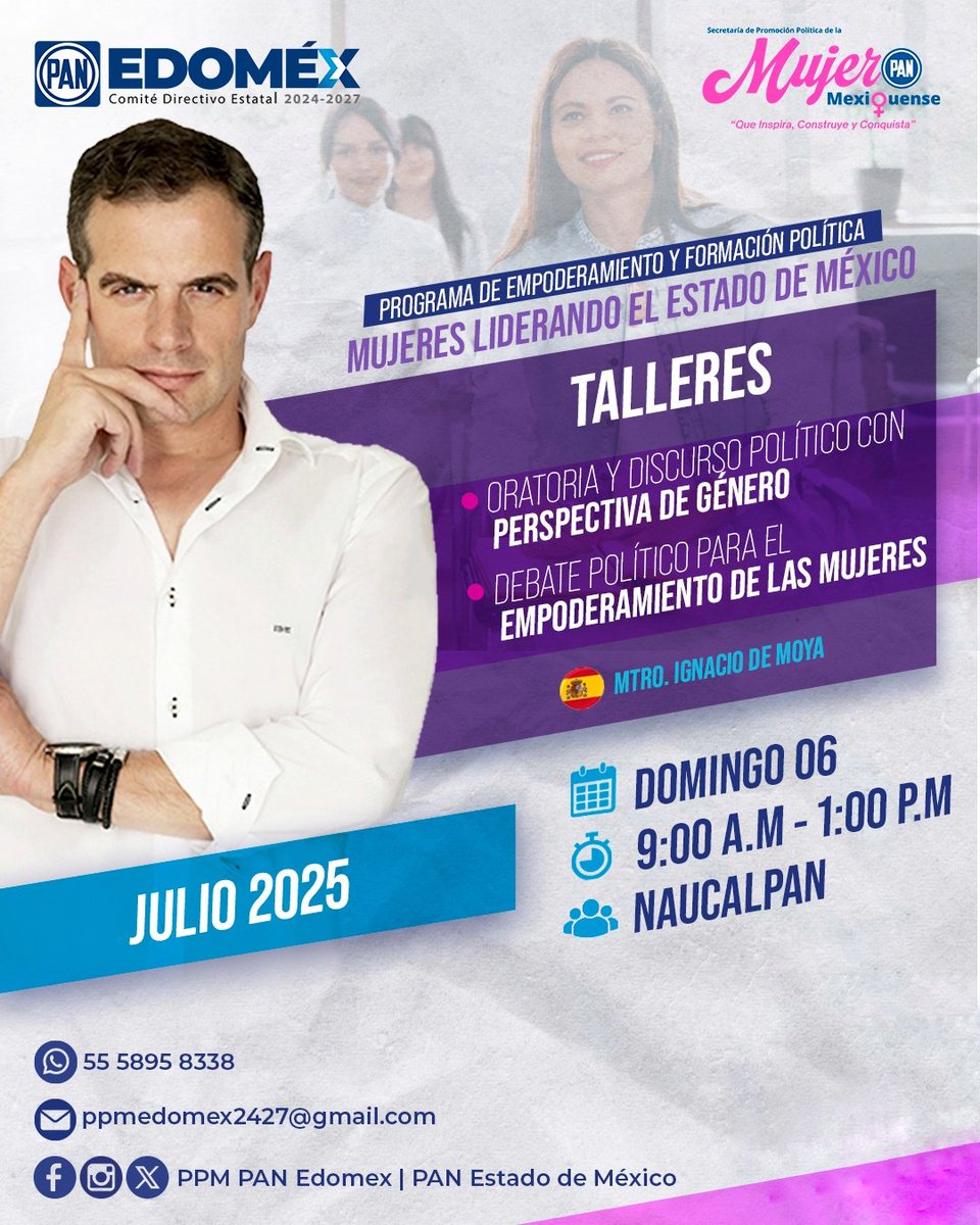 ¡Este domingo nos vemos en el taller del Programa "Mujeres Liderando el Estado de México! 

Con el Taller de discurso y debate político con enfoque de género 💪💙

🕘 Registro 8:30 a.m. | 📍CDE PAN EdoMéx

#MujeresLiderando #PANEdoMéx #EmpoderamientoFemenino
