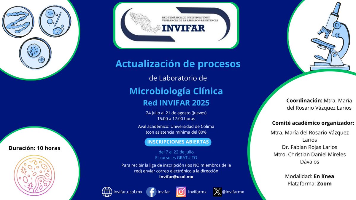 🚨 Curso gratuito
🧫 Actualización en Microbiología Clínica – Red INVIFAR 2025
💻 En línea | 10 h | Aval UdeC
🗓 24 jul - 21 ago
🧪 ¿Eres Fan del CLED o agar Sal y Manitol? ¡Hablaremos de urocultivos!

🔗 Inscripción: bit.ly/INVIFAR2025

#MicrobiologíaClínica #INVIFAR