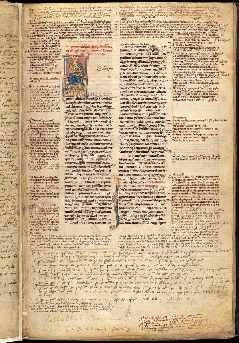 Emperor Justinian with a dragon at his feet at the beginning of  his law code: what I call a gloss!  

BL Harley 3753; Codex Justiniani in 9 books, with gloss; c.1250; England, Central (possibly Oxford);  f.4r
<a href="/BLMedieval/">Medieval Manuscripts</a>