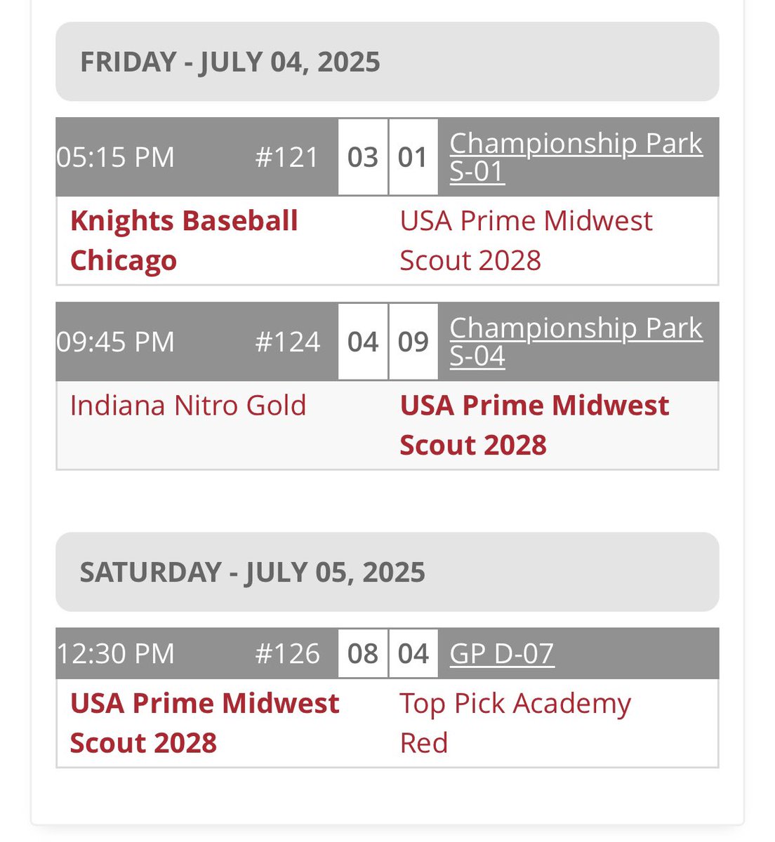 USA Prime Midwest Scout 2028 (@usapmwscout28) on Twitter photo After pool play at the ABC Invite the fellas just miss the Platinum Division. Great stuff from the pitching staff so far.
<a href="/Jaedon_Torres27/">Jaedon R. Torres</a> 3ip 2h 3k 0er T85
<a href="/GMAN422413/">Gavin McGee</a> 2ip 0h 4k 1er T88
TJ Turner 3ip 6h 3k 1er T83
<a href="/christ_made_LB/">Landon Ball</a> 3ip 0h 6k 0er T85
<a href="/CrewBrown_/">Crew Brown</a> 5ip 6h 2k 3er After pool play at the ABC Invite the fellas just miss the Platinum Division. Great stuff from the pitching staff so far.
<a href="/Jaedon_Torres27/">Jaedon R. Torres</a> 3ip 2h 3k 0er T85
<a href="/GMAN422413/">Gavin McGee</a> 2ip 0h 4k 1er T88
TJ Turner 3ip 6h 3k 1er T83
<a href="/christ_made_LB/">Landon Ball</a> 3ip 0h 6k 0er T85
<a href="/CrewBrown_/">Crew Brown</a> 5ip 6h 2k 3er