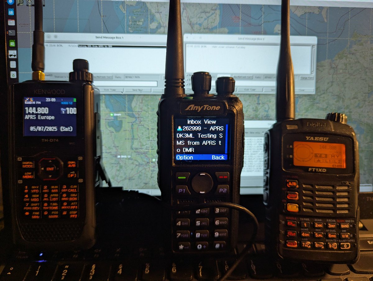 Sending SMS via APRS to a DMR radio using Xastir connected to a Kenwood TH-D74 and Yaesu FT1XDE