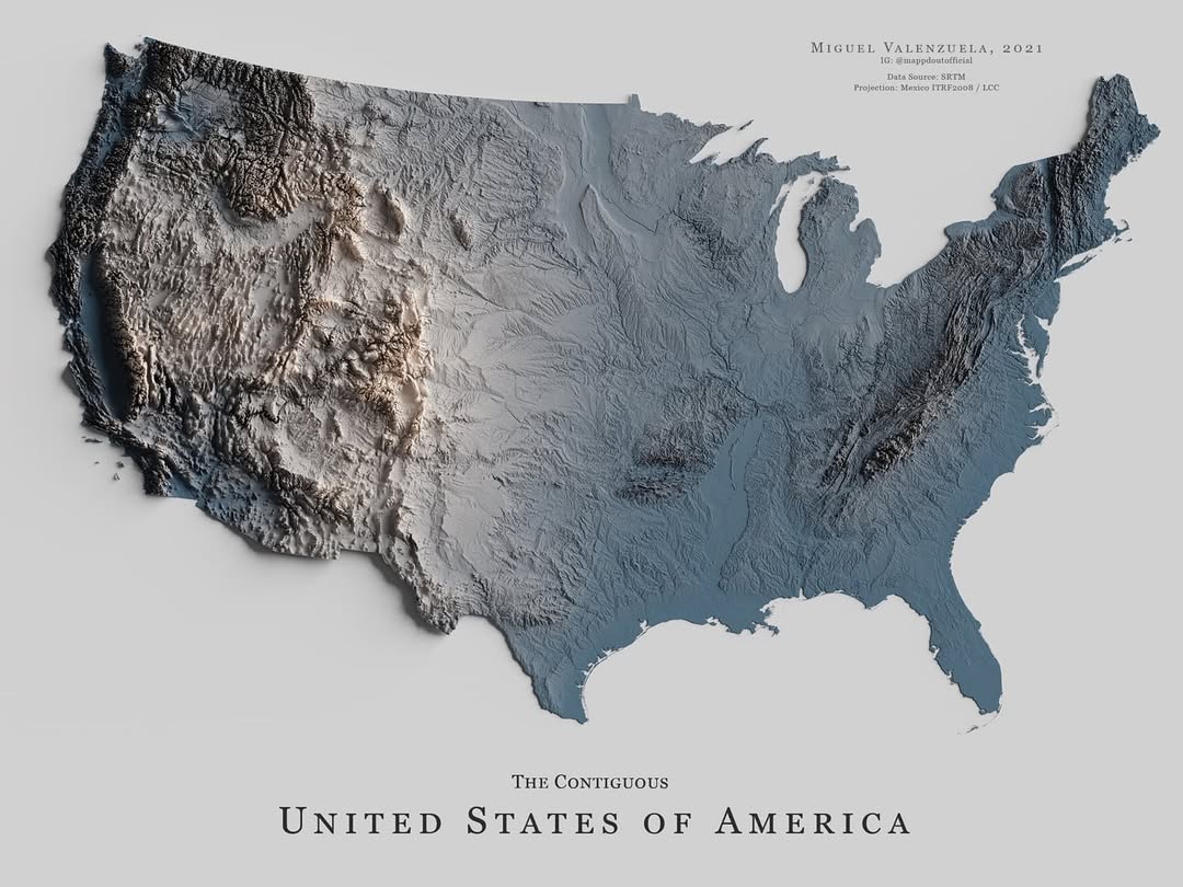 Relief map of the contiguous United States.