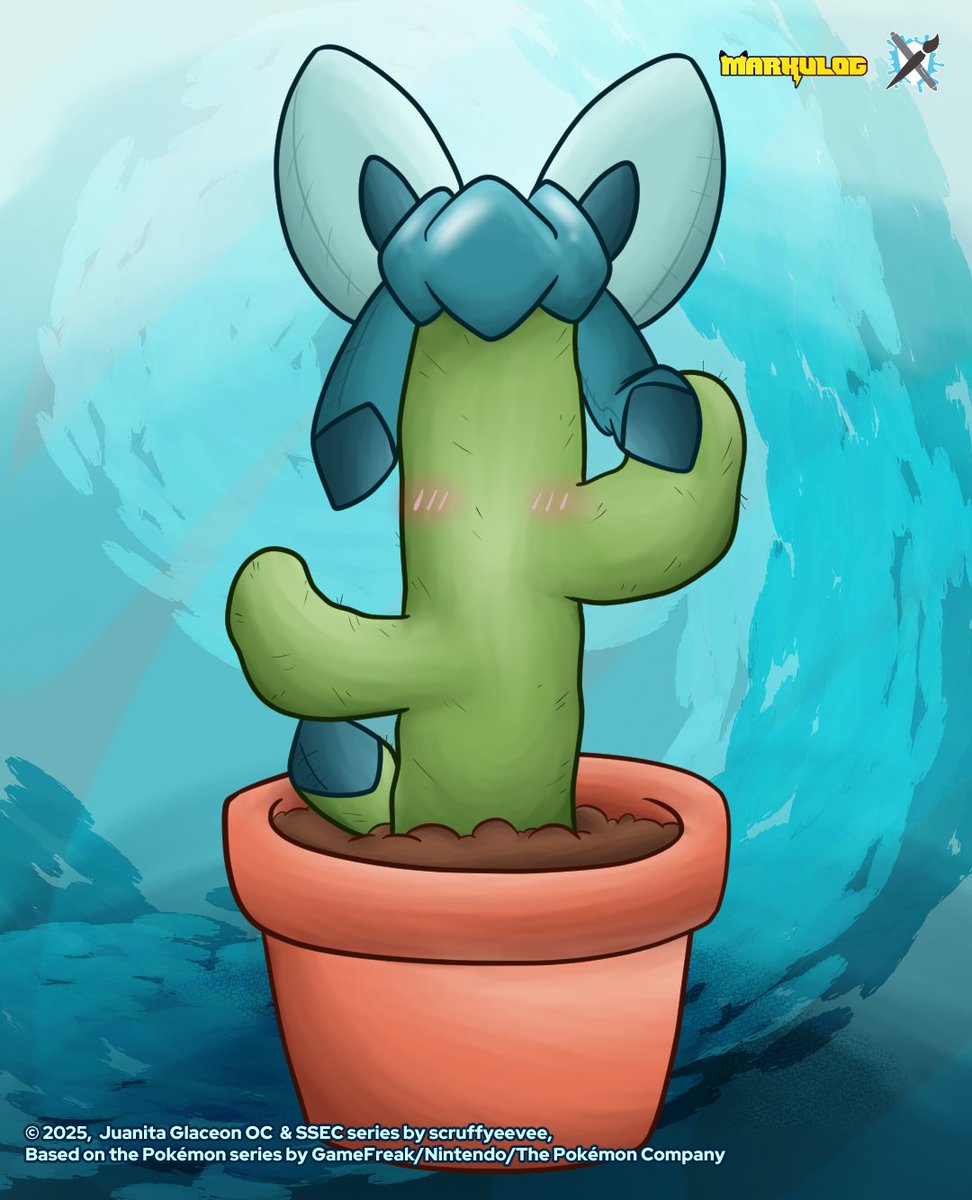 An #artfight attack to <a href="/Scruffyeevee/">Scruffyeevee</a> featuring her #Glaceon OC, Juanita. Yep, it's def a Glaceon. What plastic cactus? It's just a cute harmless huggable Glacy~ Welp~ X3 #Pokemon #artfight2025 #グレイシア #ポケモン