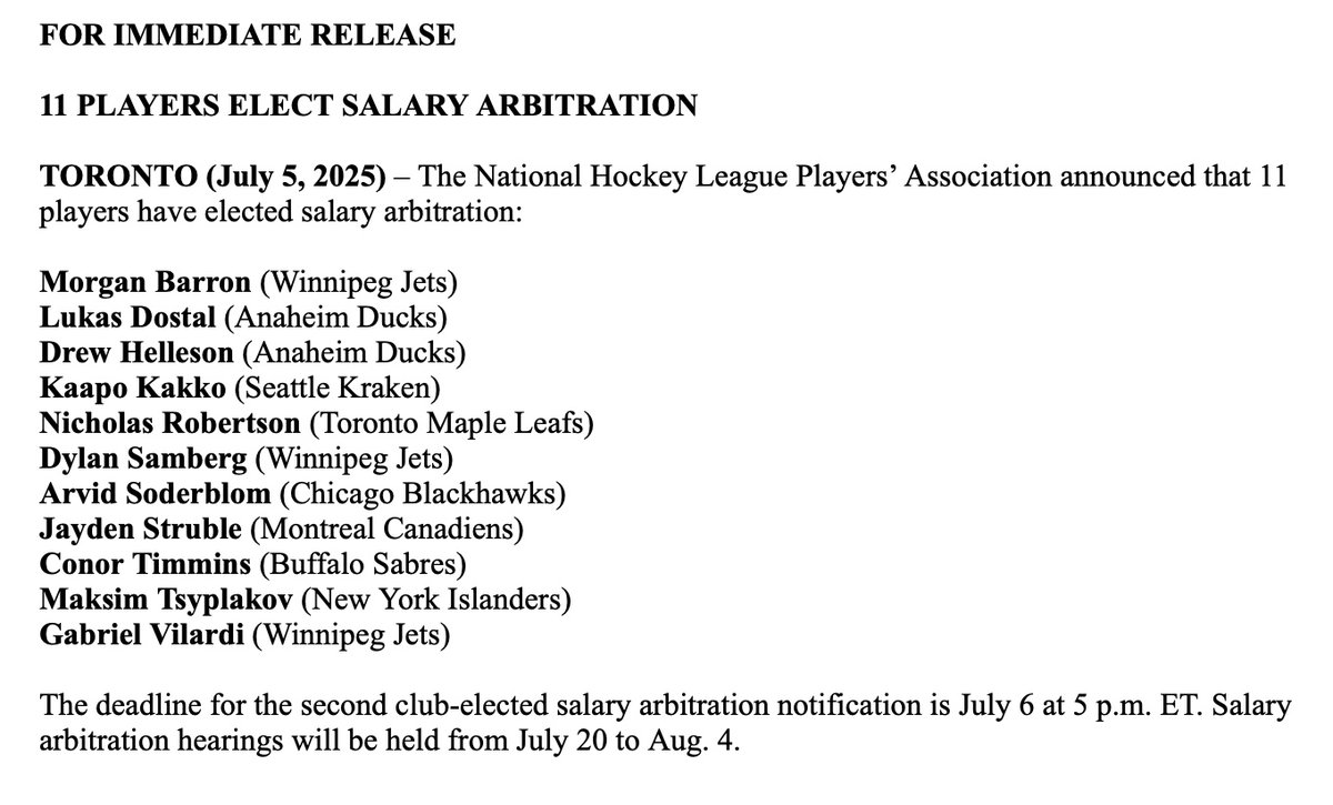 Rob_DelMundo's tweet image. Leafs' Nick Robertson is one of 11 players to file for salary arbitration.