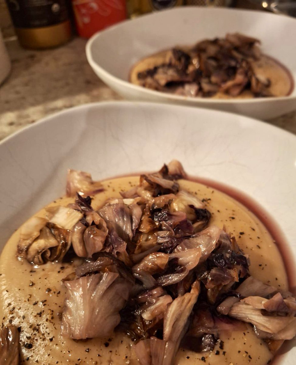Butter bean mash with lemon juice &amp; salt plus sautéed radicchio (like favs &amp; chicory-puglian classic). #vegan