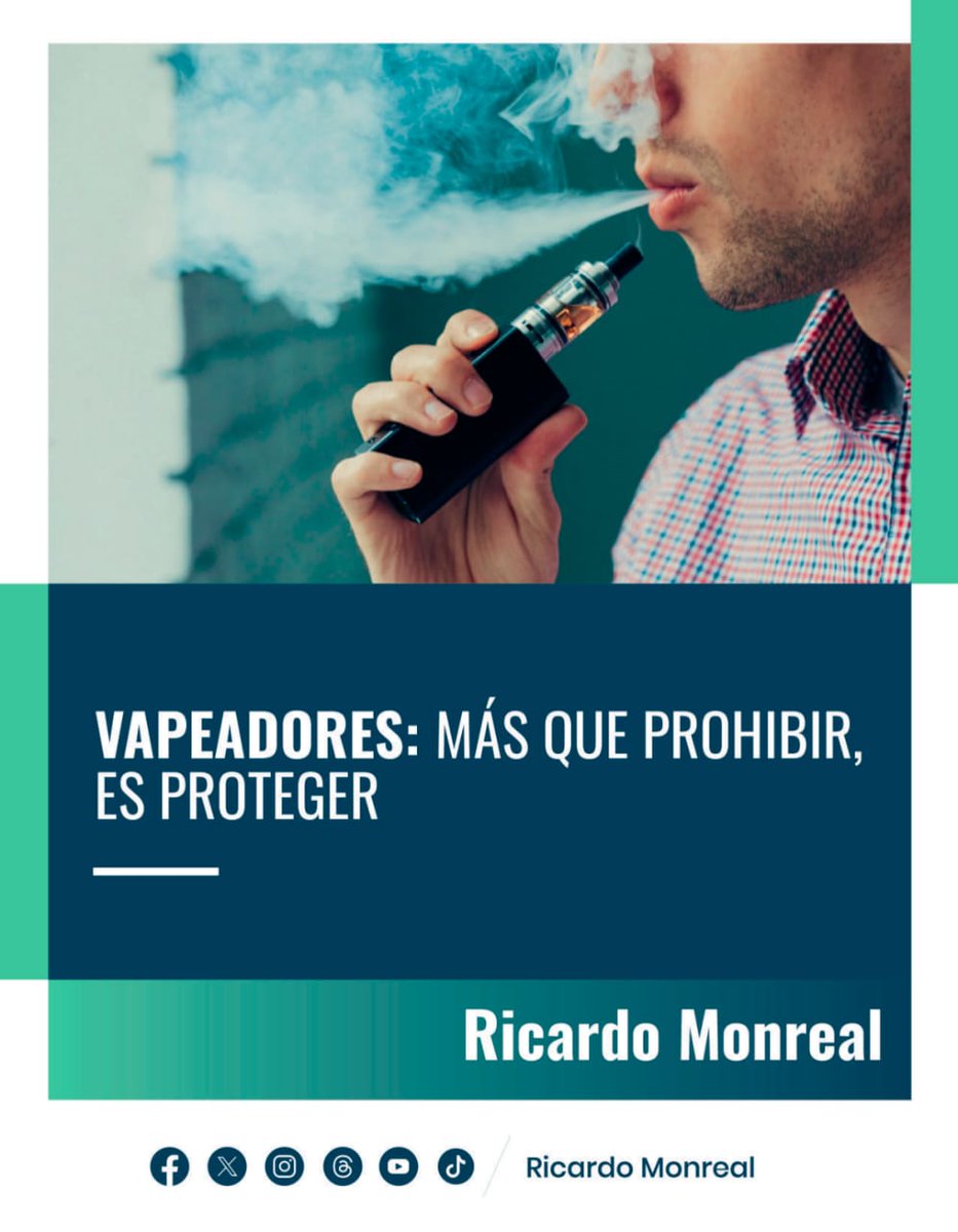RicardoMonrealA's tweet image. Prohibir vapeadores es una acción de protección a la salud pública, especialmente la de niñas, niños y adolescentes. La Constitución ya lo contempla; ahora toca reforzarlo en la legislación secundaria.
Te invito a leer mi artículo: ricardomonrealavila.com/wp-content/upl…