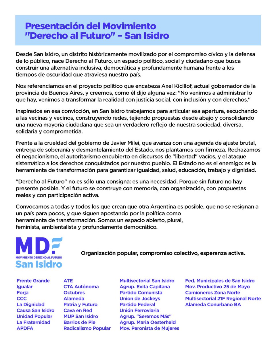 PartidoIgualar's tweet image. Movimiento Derecho al Futuro llega a #SanIsidro para construir un futuro más justo, equitativo y sostenibe.

Las siguientes organizaciones reafirmamos el compromiso con @Kicillofok en la construcción de un país donde los derechos y el bienestar de todos sean una prioridad.

#MDF