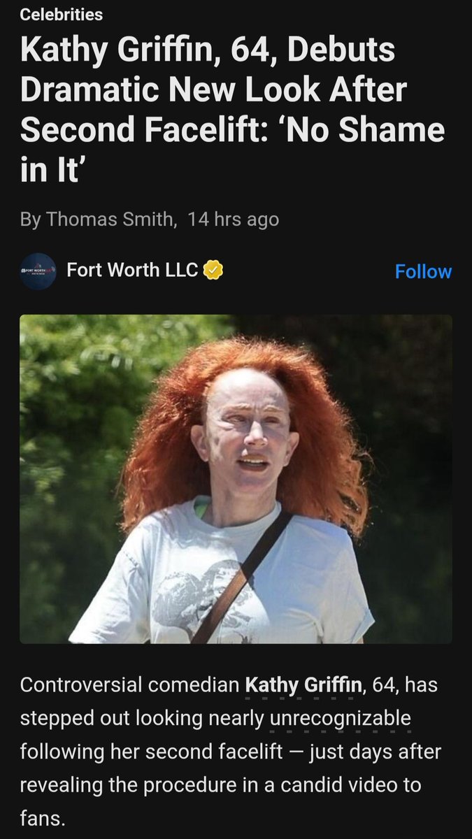 Growing Old Gracefully 

July 5, 2025

Kathy Griffin, 64, Debuts Dramatic New Look After Second Facelift: NO Shame In It

Read more:
newsbreak.com/fort-worth-llc…