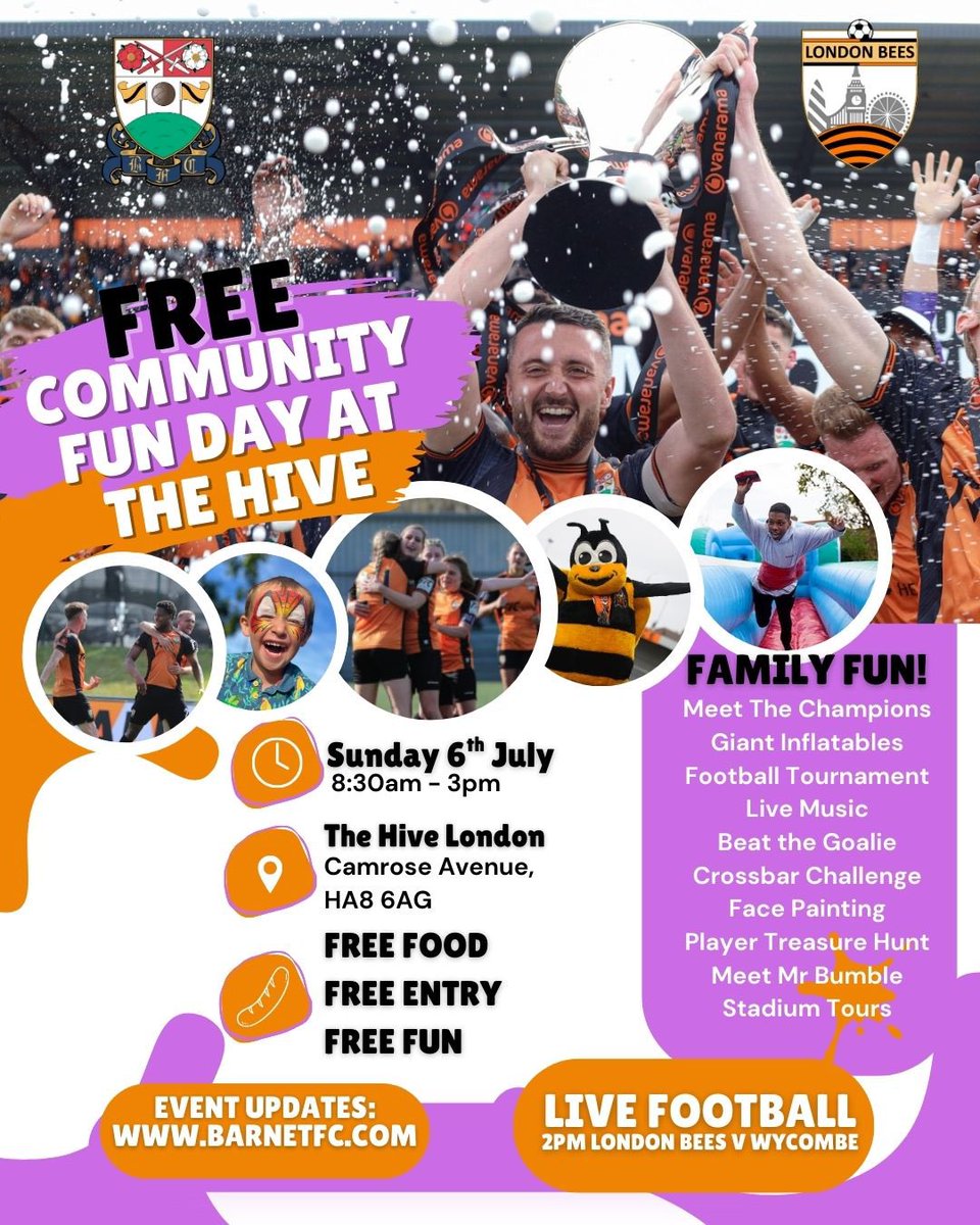 Looking for something do, please visit our friends Barnet Football Club at The Hive camrose avenue for free community day Sunday 6th July.