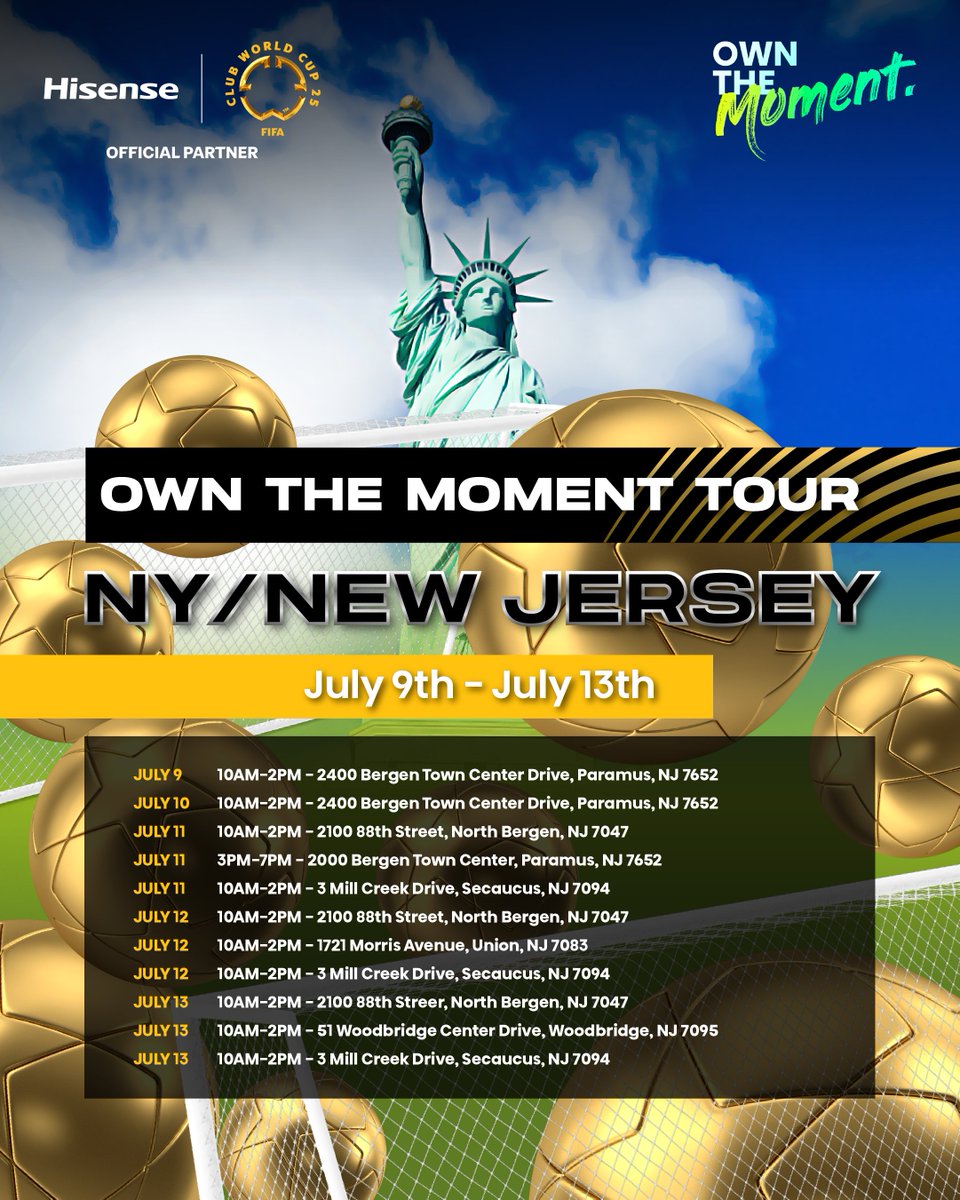 NY &amp; NJ — it’s your turn!
The Hisense Fan Zone is rolling through with massive screens, epic games, and unmatched Club World Cup energy.
Don’t miss the action.

#Hisense #OfficialPartner #OwnTheMoment #FIFAClubWorldCup2025 #FanZone