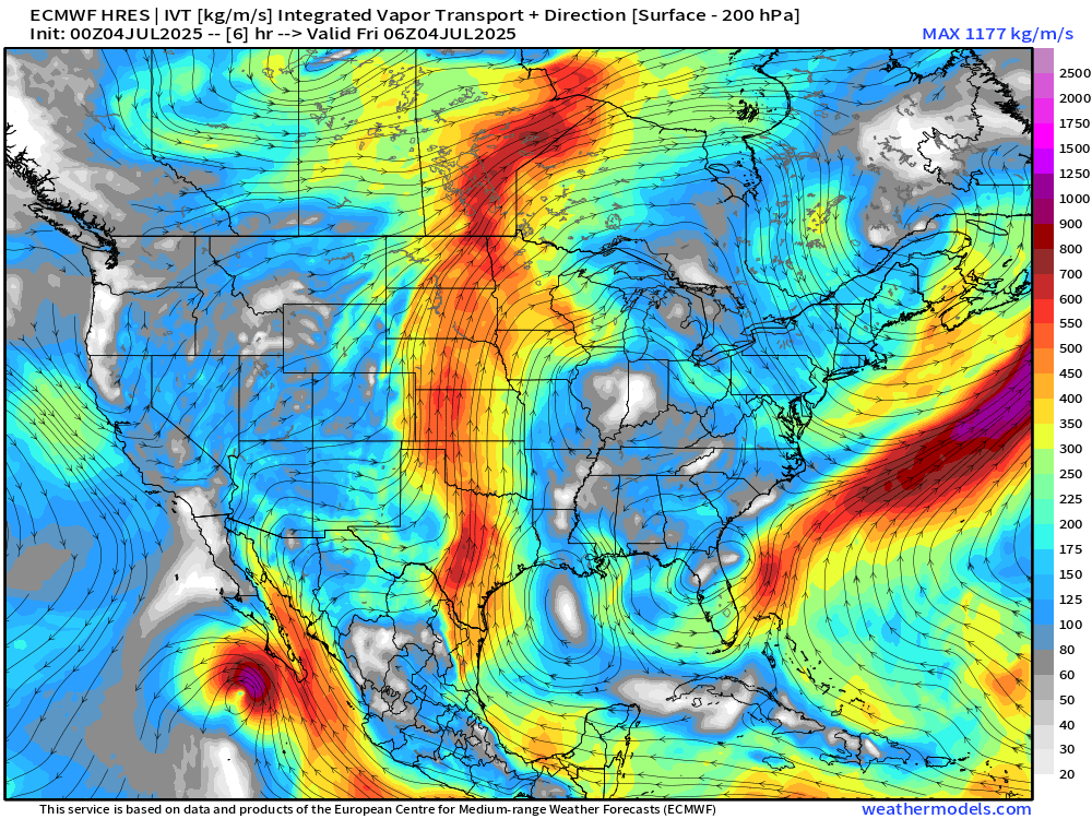 Weather pattern that led to Texas flooding mainly due to the conglomeration of moisture from former Tropical Storm Barry, which held itself together.  

Gulf of America + Gulf of California moisture also involved ... converging on Texas in between.