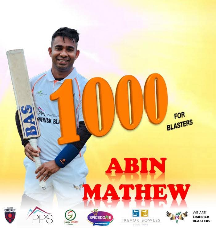 🚨Milestone Alert 🚨 
Mr Consistent over the years. 👊#Abinmathew completes 1️⃣0️⃣0️⃣0️⃣Munster Cricket runs in style ❤️. Congrats # keep going 

#wearelimerickblasters