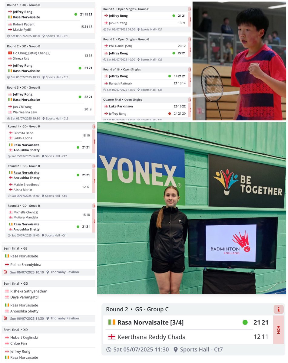 Yorkshire U17 Gold

Rasa Norvaisaite is through to three semifinals at the Yorkshire U17 gold event.

Jeffrey Rong will partner Rasa in the mixed semifinal tomorrow and also reached the quarterfinal of the singles today.

Well done and best of luck tomorrow 👏💪☘️