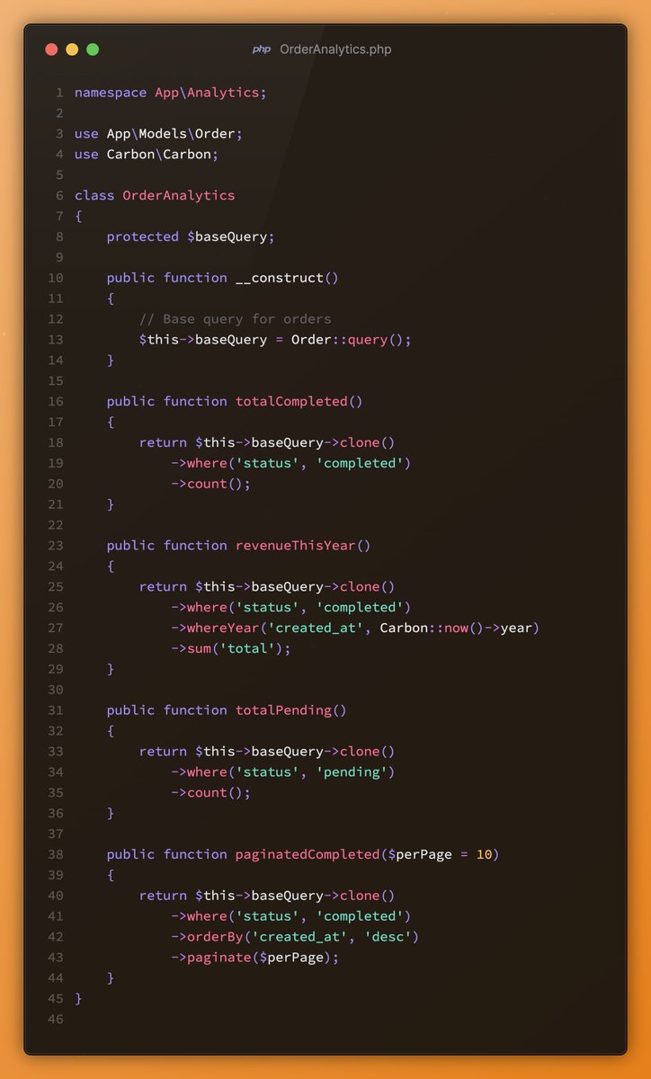 ayzerobug's tweet photo. Stop repeating base queries for stats!

Use the new clone() method to cleanly duplicate query builders.

Here’s how I used it in an OrderAnalytics class to get totals, revenue, and paginated data, all from one base query. https://t.co/pBhU5TyE5N