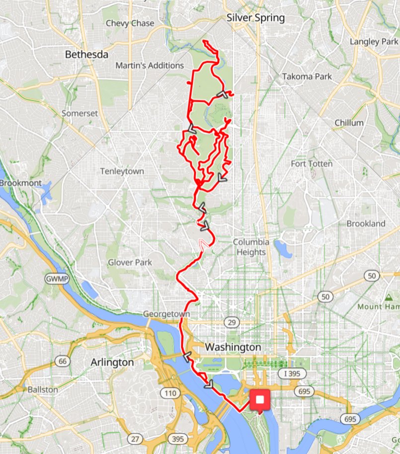 Today's Hills of DC Bike Ride was 100% in Rock Creek Park. The ride there was 23.8 miles at 2,004 ft of climbing. My whole ride for the day was 46.8 miles at 2,637.8 ft of climbing. #bikedc #hillsofdc #hodc #hillsofrockcreek