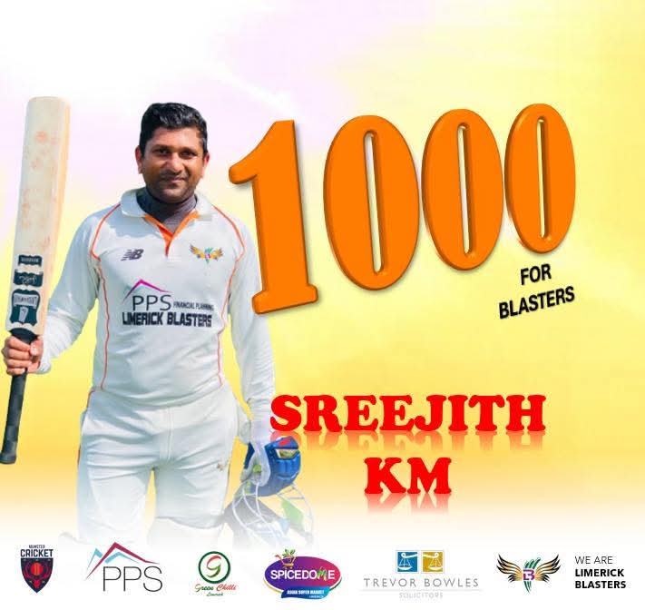 🚨Milestone Alert 🚨 
Pure Class 😍 #SreejithKM # completes 1️⃣0️⃣0️⃣0️⃣ Munster Cricket runs for Blasters .# congratulations 👏