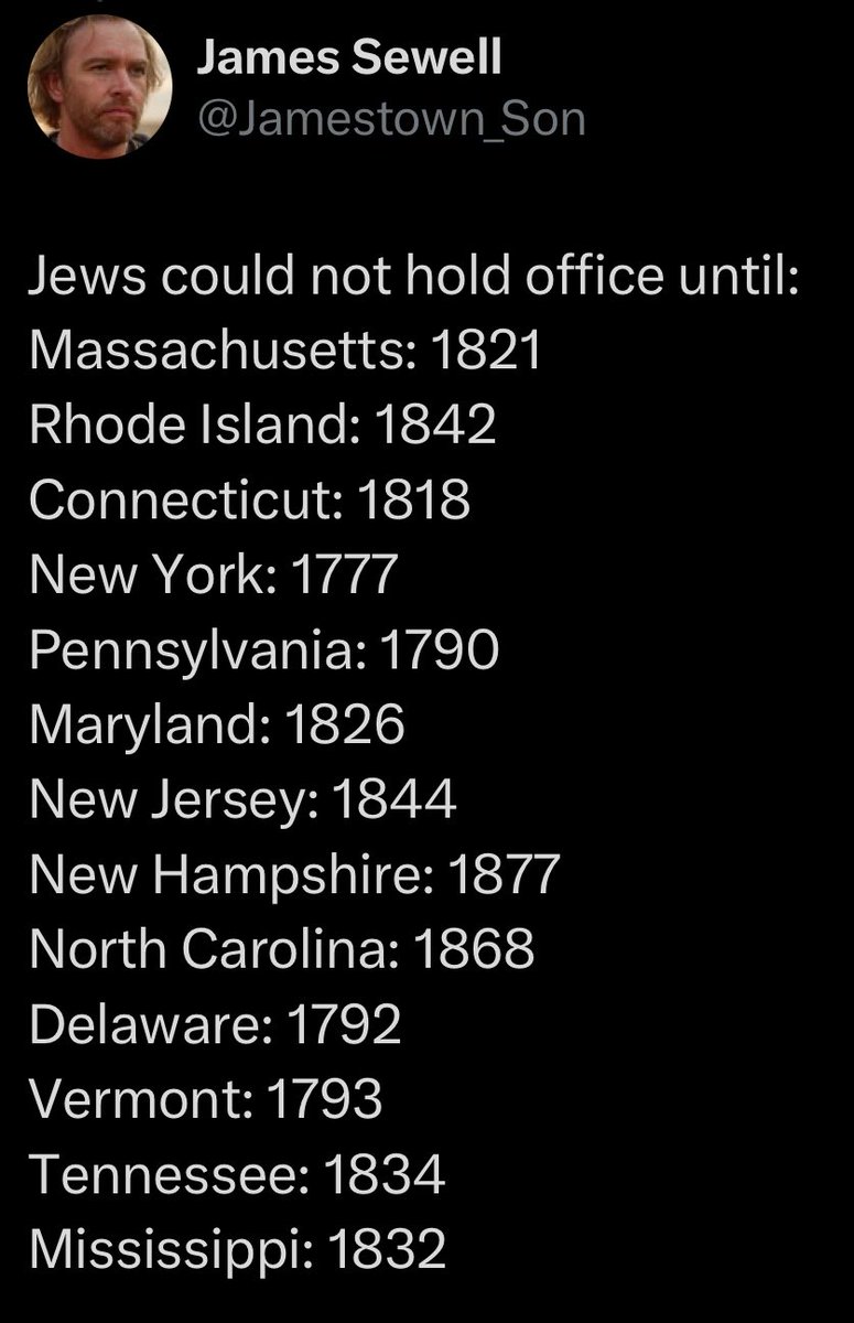 The Founding Fathers prohibited Jews from holding office.

H/T <a href="/Jamestown_Son/">James Sewell</a>