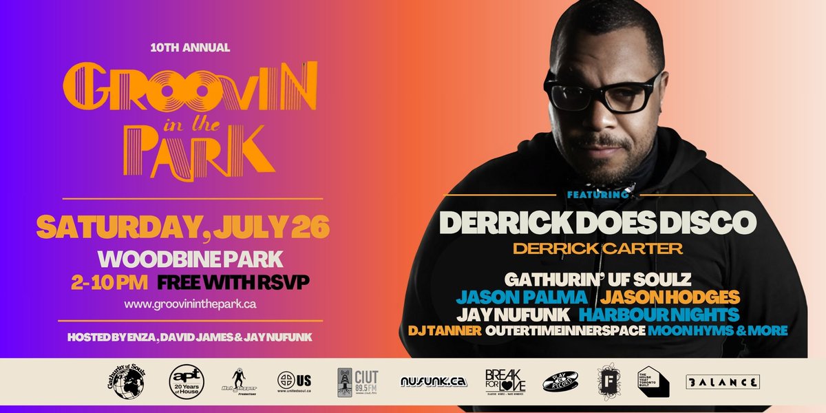 🚨JUST ANNOUNCED!
🔥10th Annual Groovin' in the Park Festival
🪩 DERRICK DOES DISCO Derrick Carter Chicago 🇺🇸
📅Saturday July 26th at Woodbine Park #Toronto
🎶Disco, House, Soul, Funk &amp; Community vibes🎧
🆓FREE with RSVP: 
GroovinInTheParkSaturday.eventbrite.ca