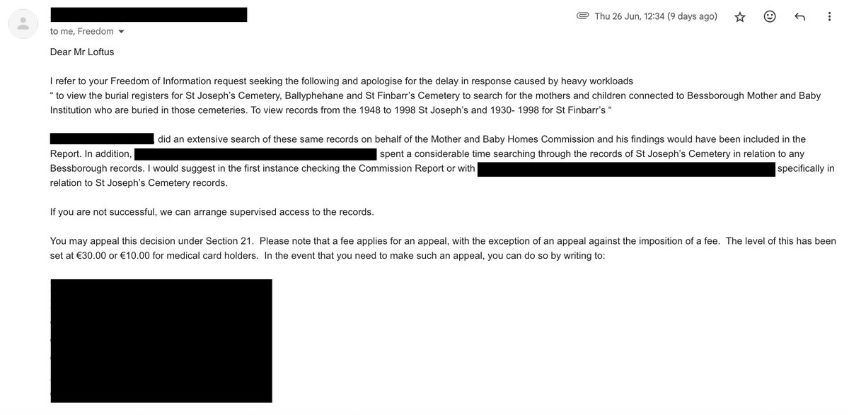 Daniel Loftus is working on #ProjectInfant. 🌳🔎 (@danielmloftus) on Twitter photo But I had received no such thing from them until *JUNE 26th*, nearly a month after.
But it didn't directly answer my request, instead they referred me to others, one from the COIMBH
Preferring to look at the source material myself I wrote back saying I want to arrange access. But I had received no such thing from them until *JUNE 26th*, nearly a month after.
But it didn't directly answer my request, instead they referred me to others, one from the COIMBH
Preferring to look at the source material myself I wrote back saying I want to arrange access.