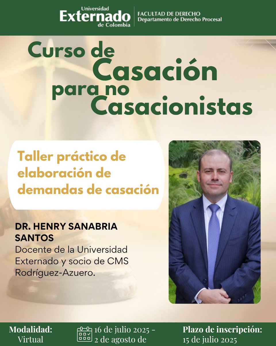 ¡Curso de Casación para no Casacionistas!

El Dr. Henry Sanabria Santos, dictará la clase: Taller práctico de elaboración de demandas de casación.

📆 Inicio: 16 de julio de 2025
💻 Modalidad: Virtual
📚 Inscripciones abiertas hasta el 15 de julio de 2025