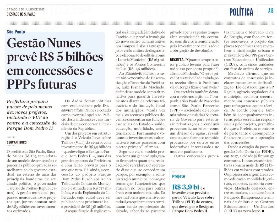 Desde que assumimos a gestão, em 2021, demos prosseguimento e apostado nas concessões e PPPs para transformar nossa cidade visando eficiência. Esse modelo permite atrair investimentos, melhorar serviços e trazer mais qualidade de vida para todos em São Paulo. Seguiremos firmes no