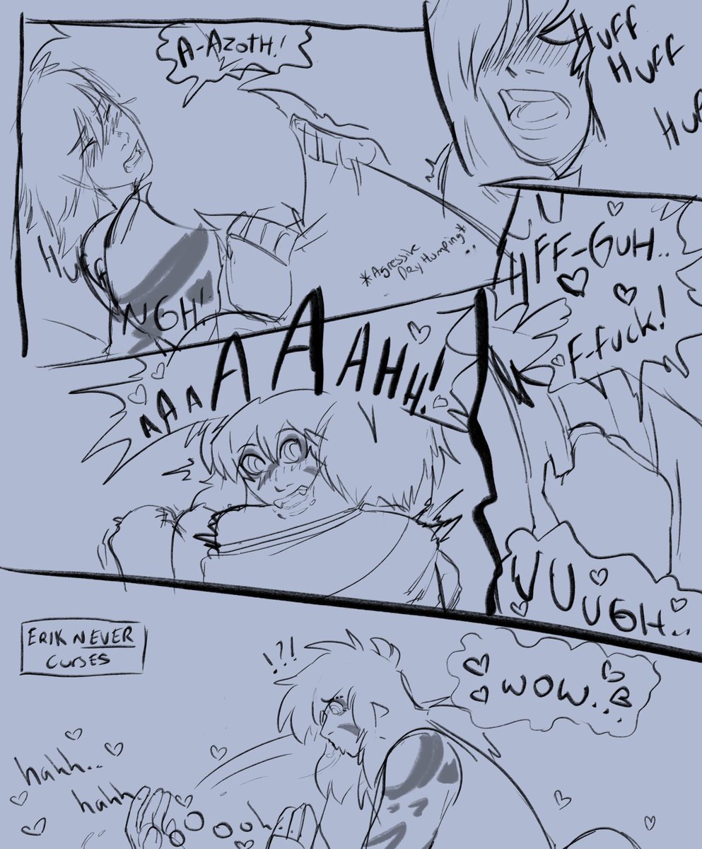 &gt;be a submissive bottom
&gt;attempt to top by biting your man's neck and dry humping him
&gt;makes him bust incredibly fast
(azoth immediately withdrawing because  he thinks he hurt erik 🥺)

4/6