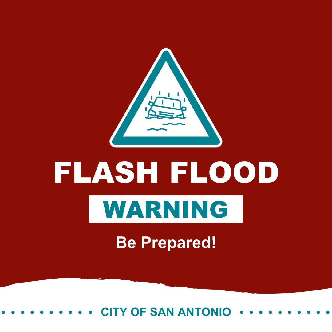 City of San Antonio (@cosagov) on Twitter photo 🚨 Flash Flood Warning Issued for San Antonio 🚨
Floods can happen anywhere.
✅ Stay alert
✅ Never drive through floodwaters — Turn Around, Don’t Drown
✅ Move to higher ground if needed
Stay Safe, San Antonio!
Check <a href="/NWSSanAntonio/">NWS Austin/San Antonio</a> for updates. 🚨 Flash Flood Warning Issued for San Antonio 🚨
Floods can happen anywhere.
✅ Stay alert
✅ Never drive through floodwaters — Turn Around, Don’t Drown
✅ Move to higher ground if needed
Stay Safe, San Antonio!
Check <a href="/NWSSanAntonio/">NWS Austin/San Antonio</a> for updates.