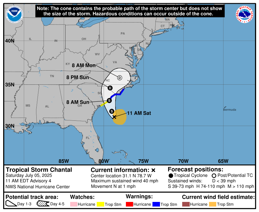 HurricaneWatch8's tweet photo. LATEST: The Tropical Storm Warning for #Chantal has been extended north to Surf City, NC. An isolated tornado threat has also been added for coastal Carolinas tonight/Sun. Heavy rain, storm surge, and dangerous surf are expected. Landfall in SC Sunday AM. #SCwx #NCwx https://t.co/xe4EKqpiLB